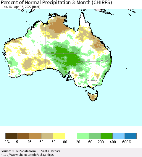 Australia Percent of Normal Precipitation 3-Month (CHIRPS) Thematic Map For 1/16/2022 - 4/15/2022