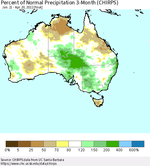 Australia Percent of Normal Precipitation 3-Month (CHIRPS) Thematic Map For 1/21/2022 - 4/20/2022