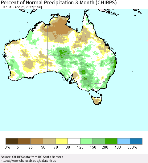 Australia Percent of Normal Precipitation 3-Month (CHIRPS) Thematic Map For 1/26/2022 - 4/25/2022
