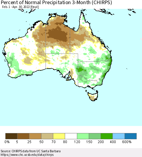 Australia Percent of Normal Precipitation 3-Month (CHIRPS) Thematic Map For 2/1/2022 - 4/30/2022