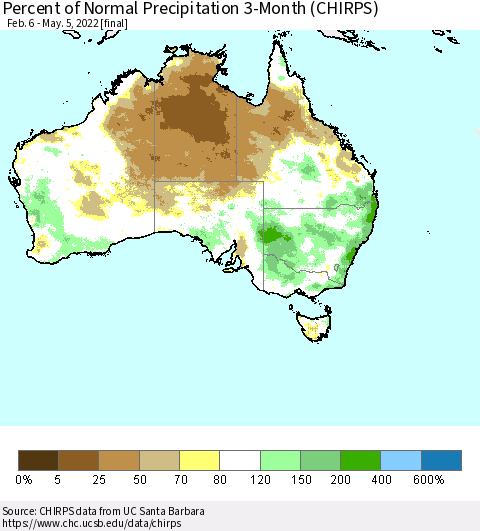 Australia Percent of Normal Precipitation 3-Month (CHIRPS) Thematic Map For 2/6/2022 - 5/5/2022