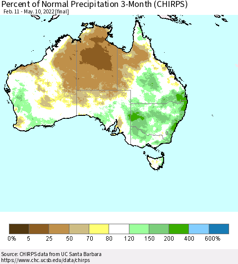 Australia Percent of Normal Precipitation 3-Month (CHIRPS) Thematic Map For 2/11/2022 - 5/10/2022