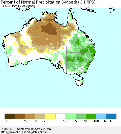 Australia Percent of Normal Precipitation 3-Month (CHIRPS) Thematic Map For 2/16/2022 - 5/15/2022