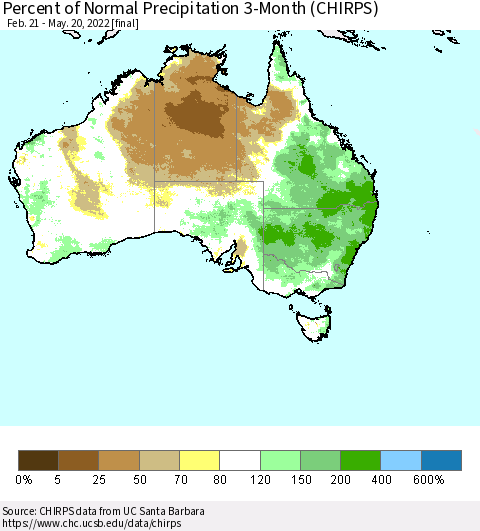 Australia Percent of Normal Precipitation 3-Month (CHIRPS) Thematic Map For 2/21/2022 - 5/20/2022