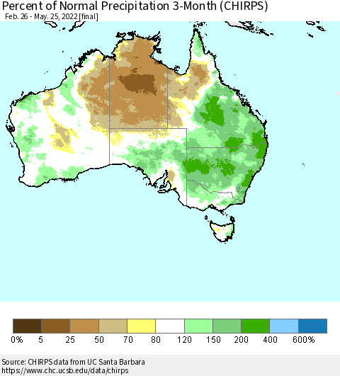 Australia Percent of Normal Precipitation 3-Month (CHIRPS) Thematic Map For 2/26/2022 - 5/25/2022