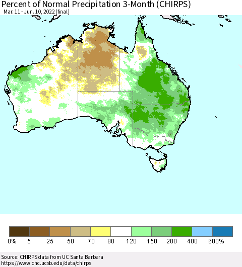 Australia Percent of Normal Precipitation 3-Month (CHIRPS) Thematic Map For 3/11/2022 - 6/10/2022
