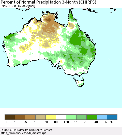 Australia Percent of Normal Precipitation 3-Month (CHIRPS) Thematic Map For 3/16/2022 - 6/15/2022