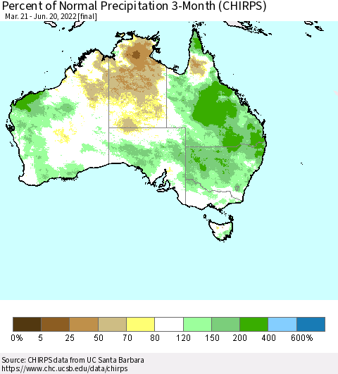 Australia Percent of Normal Precipitation 3-Month (CHIRPS) Thematic Map For 3/21/2022 - 6/20/2022