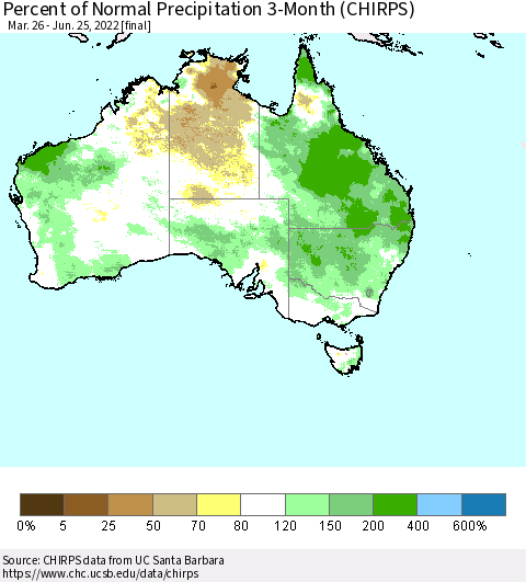 Australia Percent of Normal Precipitation 3-Month (CHIRPS) Thematic Map For 3/26/2022 - 6/25/2022