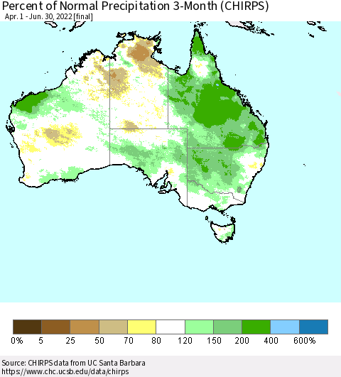 Australia Percent of Normal Precipitation 3-Month (CHIRPS) Thematic Map For 4/1/2022 - 6/30/2022