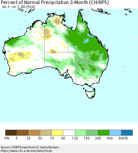 Australia Percent of Normal Precipitation 3-Month (CHIRPS) Thematic Map For 4/6/2022 - 7/5/2022
