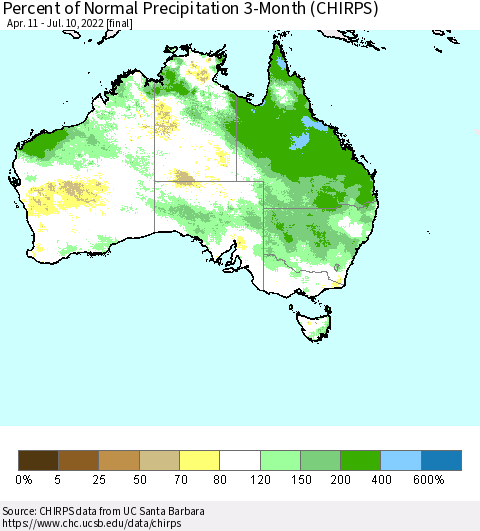 Australia Percent of Normal Precipitation 3-Month (CHIRPS) Thematic Map For 4/11/2022 - 7/10/2022