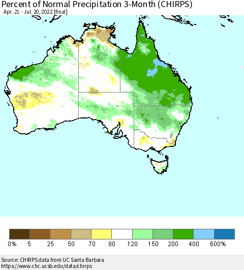Australia Percent of Normal Precipitation 3-Month (CHIRPS) Thematic Map For 4/21/2022 - 7/20/2022