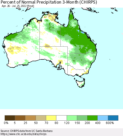 Australia Percent of Normal Precipitation 3-Month (CHIRPS) Thematic Map For 4/26/2022 - 7/25/2022
