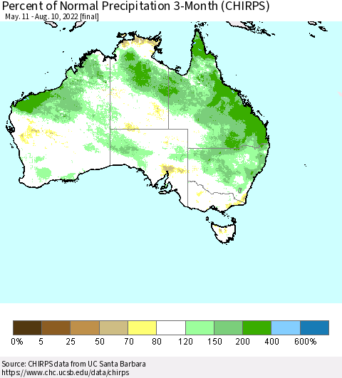 Australia Percent of Normal Precipitation 3-Month (CHIRPS) Thematic Map For 5/11/2022 - 8/10/2022