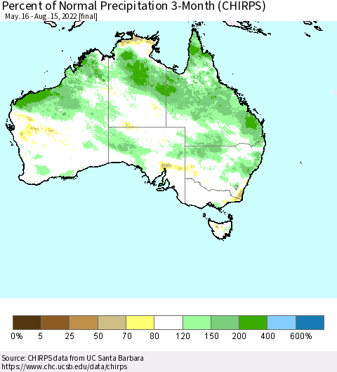 Australia Percent of Normal Precipitation 3-Month (CHIRPS) Thematic Map For 5/16/2022 - 8/15/2022