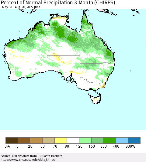 Australia Percent of Normal Precipitation 3-Month (CHIRPS) Thematic Map For 5/21/2022 - 8/20/2022