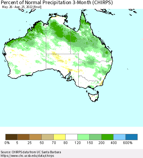 Australia Percent of Normal Precipitation 3-Month (CHIRPS) Thematic Map For 5/26/2022 - 8/25/2022