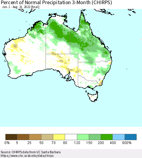 Australia Percent of Normal Precipitation 3-Month (CHIRPS) Thematic Map For 6/1/2022 - 8/31/2022