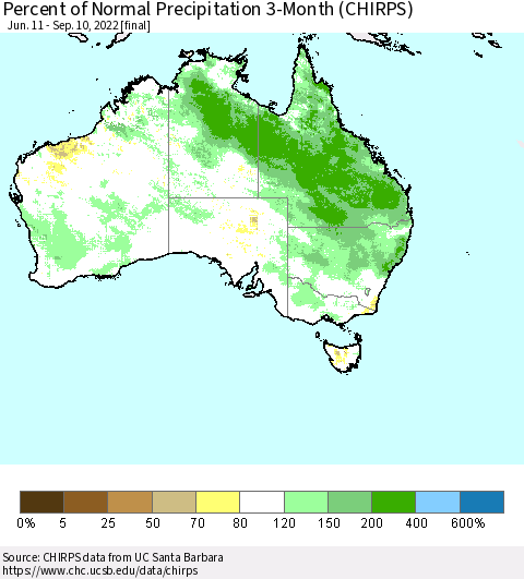 Australia Percent of Normal Precipitation 3-Month (CHIRPS) Thematic Map For 6/11/2022 - 9/10/2022