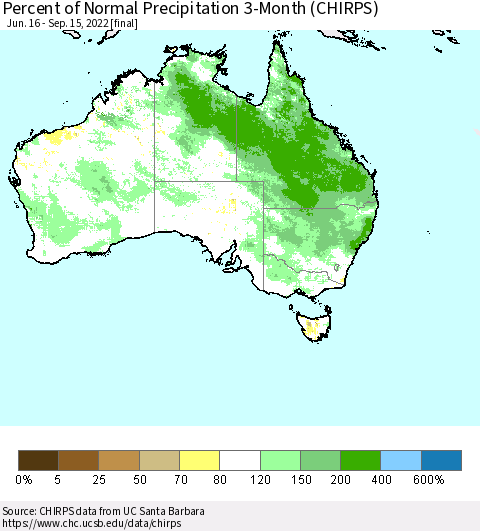 Australia Percent of Normal Precipitation 3-Month (CHIRPS) Thematic Map For 6/16/2022 - 9/15/2022