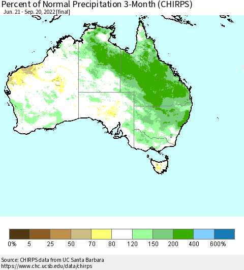 Australia Percent of Normal Precipitation 3-Month (CHIRPS) Thematic Map For 6/21/2022 - 9/20/2022