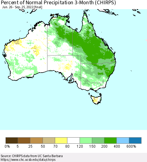 Australia Percent of Normal Precipitation 3-Month (CHIRPS) Thematic Map For 6/26/2022 - 9/25/2022