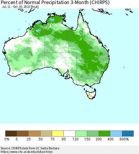 Australia Percent of Normal Precipitation 3-Month (CHIRPS) Thematic Map For 7/11/2022 - 10/10/2022