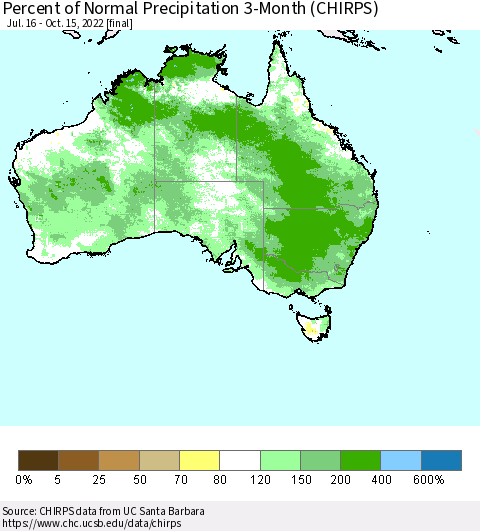Australia Percent of Normal Precipitation 3-Month (CHIRPS) Thematic Map For 7/16/2022 - 10/15/2022