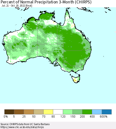 Australia Percent of Normal Precipitation 3-Month (CHIRPS) Thematic Map For 7/21/2022 - 10/20/2022