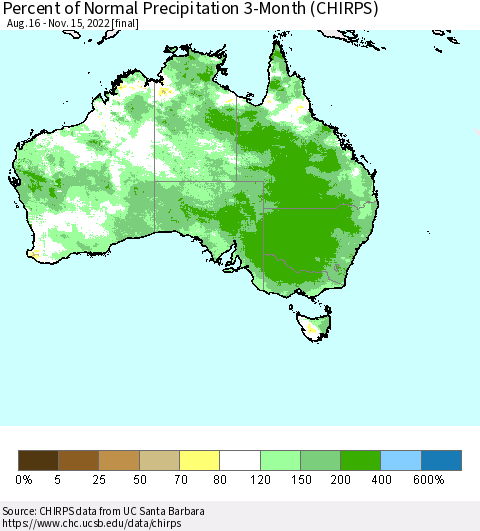Australia Percent of Normal Precipitation 3-Month (CHIRPS) Thematic Map For 8/16/2022 - 11/15/2022