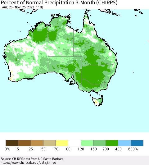 Australia Percent of Normal Precipitation 3-Month (CHIRPS) Thematic Map For 8/26/2022 - 11/25/2022