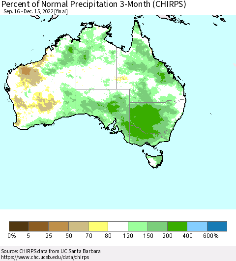 Australia Percent of Normal Precipitation 3-Month (CHIRPS) Thematic Map For 9/16/2022 - 12/15/2022