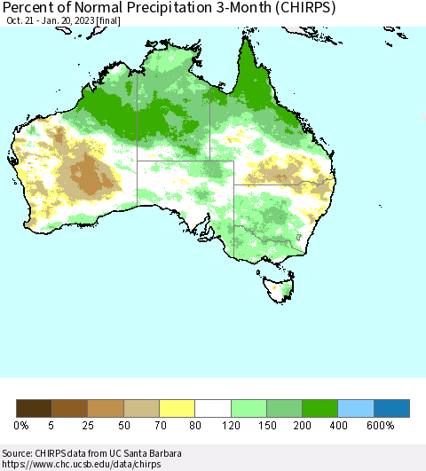 Australia Percent of Normal Precipitation 3-Month (CHIRPS) Thematic Map For 10/21/2022 - 1/20/2023