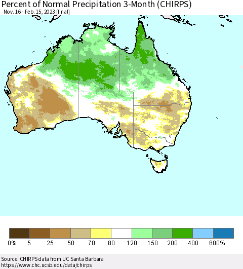 Australia Percent of Normal Precipitation 3-Month (CHIRPS) Thematic Map For 11/16/2022 - 2/15/2023