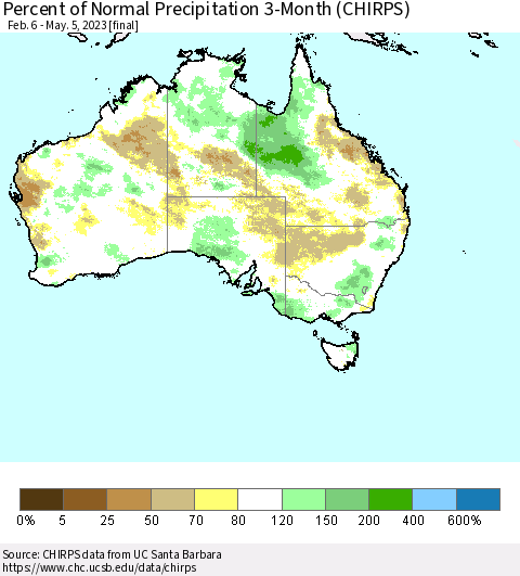 Australia Percent of Normal Precipitation 3-Month (CHIRPS) Thematic Map For 2/6/2023 - 5/5/2023
