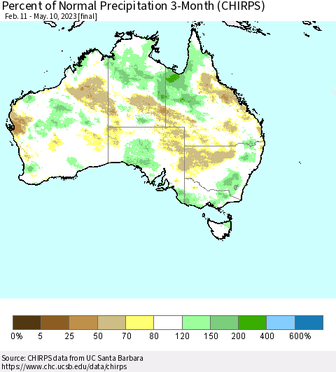 Australia Percent of Normal Precipitation 3-Month (CHIRPS) Thematic Map For 2/11/2023 - 5/10/2023