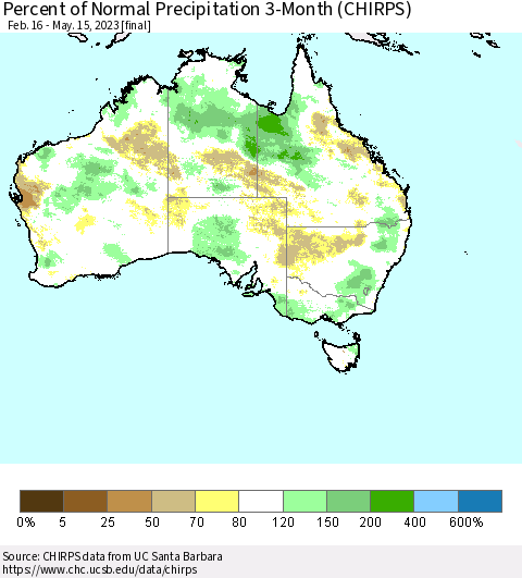 Australia Percent of Normal Precipitation 3-Month (CHIRPS) Thematic Map For 2/16/2023 - 5/15/2023