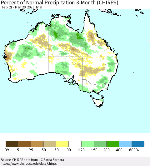 Australia Percent of Normal Precipitation 3-Month (CHIRPS) Thematic Map For 2/21/2023 - 5/20/2023