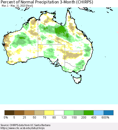 Australia Percent of Normal Precipitation 3-Month (CHIRPS) Thematic Map For 3/1/2023 - 5/31/2023