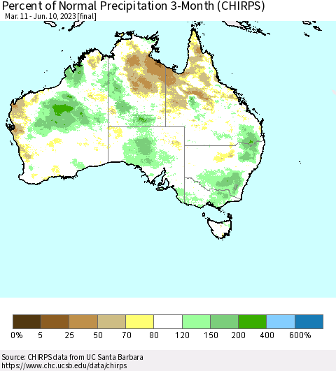 Australia Percent of Normal Precipitation 3-Month (CHIRPS) Thematic Map For 3/11/2023 - 6/10/2023