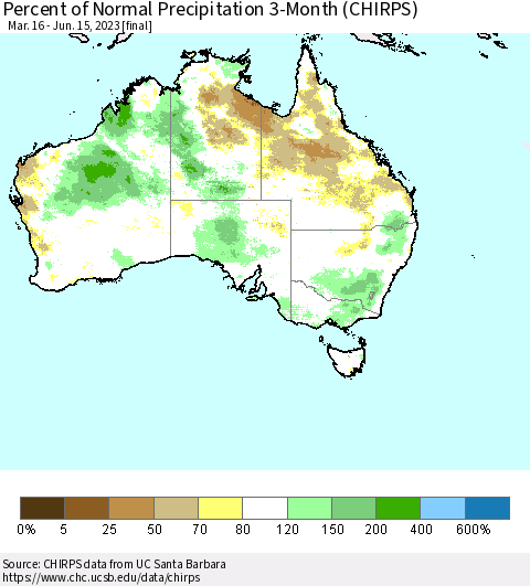 Australia Percent of Normal Precipitation 3-Month (CHIRPS) Thematic Map For 3/16/2023 - 6/15/2023