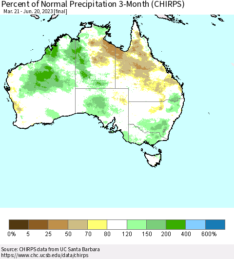 Australia Percent of Normal Precipitation 3-Month (CHIRPS) Thematic Map For 3/21/2023 - 6/20/2023