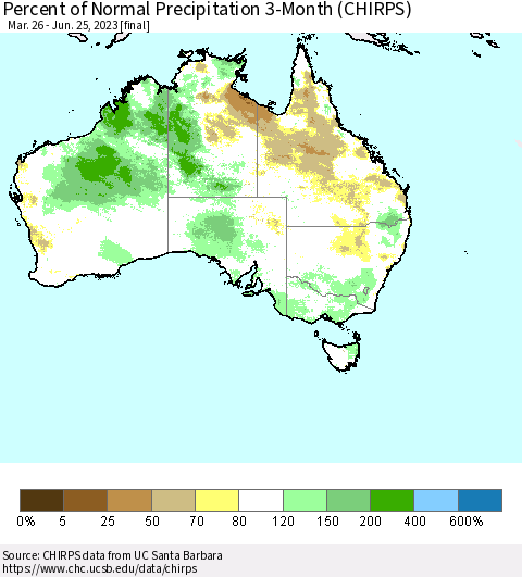 Australia Percent of Normal Precipitation 3-Month (CHIRPS) Thematic Map For 3/26/2023 - 6/25/2023