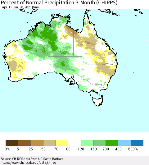 Australia Percent of Normal Precipitation 3-Month (CHIRPS) Thematic Map For 4/1/2023 - 6/30/2023