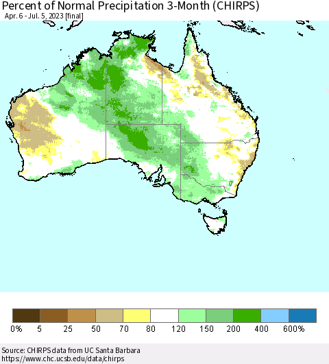 Australia Percent of Normal Precipitation 3-Month (CHIRPS) Thematic Map For 4/6/2023 - 7/5/2023