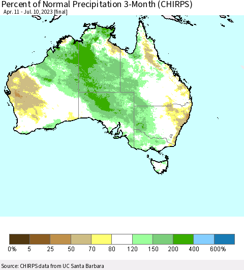 Australia Percent of Normal Precipitation 3-Month (CHIRPS) Thematic Map For 4/11/2023 - 7/10/2023