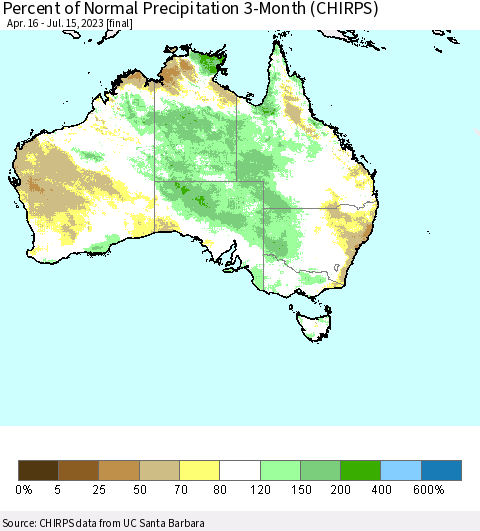 Australia Percent of Normal Precipitation 3-Month (CHIRPS) Thematic Map For 4/16/2023 - 7/15/2023