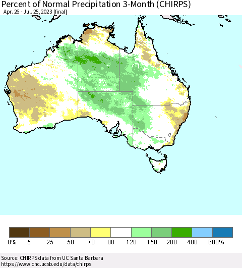 Australia Percent of Normal Precipitation 3-Month (CHIRPS) Thematic Map For 4/26/2023 - 7/25/2023