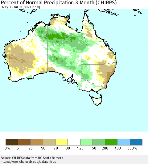 Australia Percent of Normal Precipitation 3-Month (CHIRPS) Thematic Map For 5/1/2023 - 7/31/2023